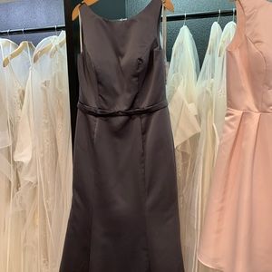 Mother of the Bride dress. Dark purplish gray satin long dress.